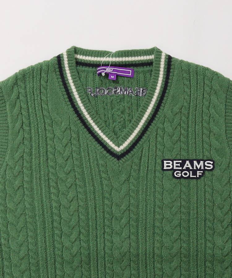 ビームス　ゴルフ　ウール　ニット　ベスト　チェック柄　セーター　ウェア　緑　M ビームスゴルフ BE ケーブル編みVネックニットベスト レディース