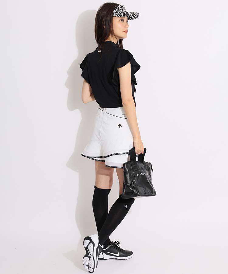 【美品】デサントゴルフ 吸汗速乾 ペチ付きフリルスカート デサントゴルフ DE [LUXE]一体型ペチパンツUVストレッチ裾ロゴ