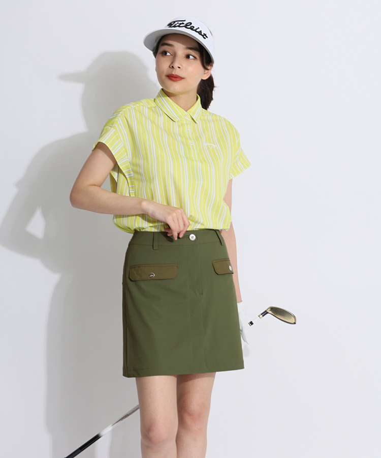 美品Callaway ストライプポロシャツとスカートセット キャロウェイストライプポロシャツ&スカート M キャロウェイ CA 吸汗速