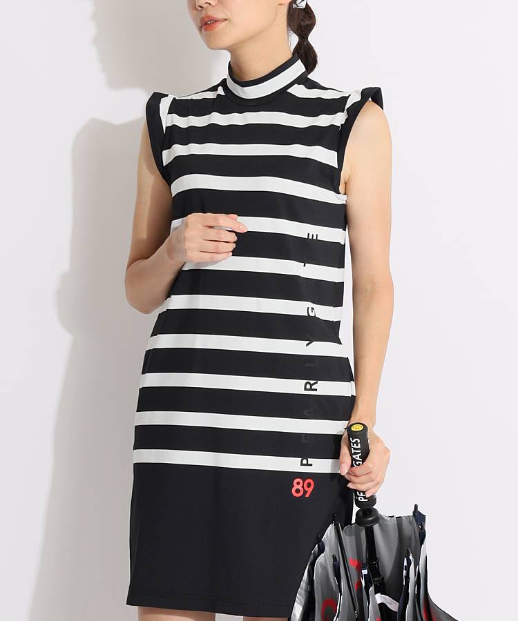 パーリーゲイツ PG パネルボーダー袖フリルノースリーブワンピース