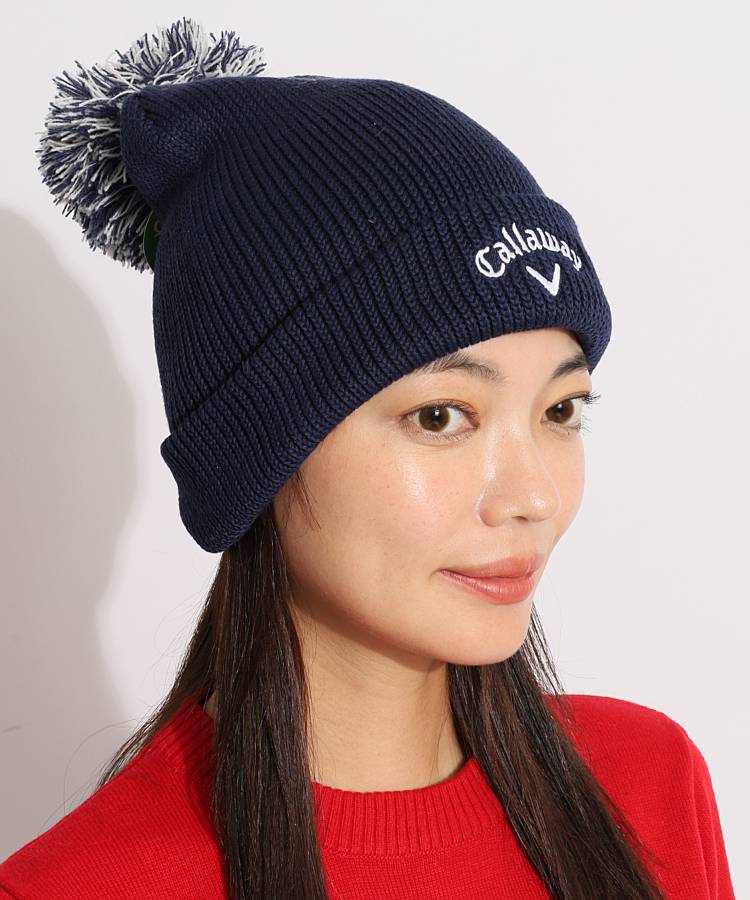 新品タグ付き　キャロウェイ　ニット帽　ボンボン　ロゴ　ゴルフウェア キャロウェイ CA ポンポン付きラメラインケーブル編みニットキャップ