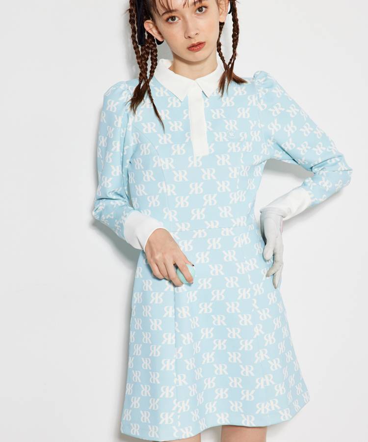 リエンダゴルフ RI 総柄ロゴUVパフスリーブ長袖ポロワンピース