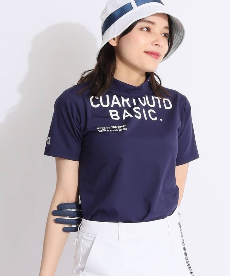 CU 【冷感ストレッチ】ロゴプリントモックネック半袖カットソー