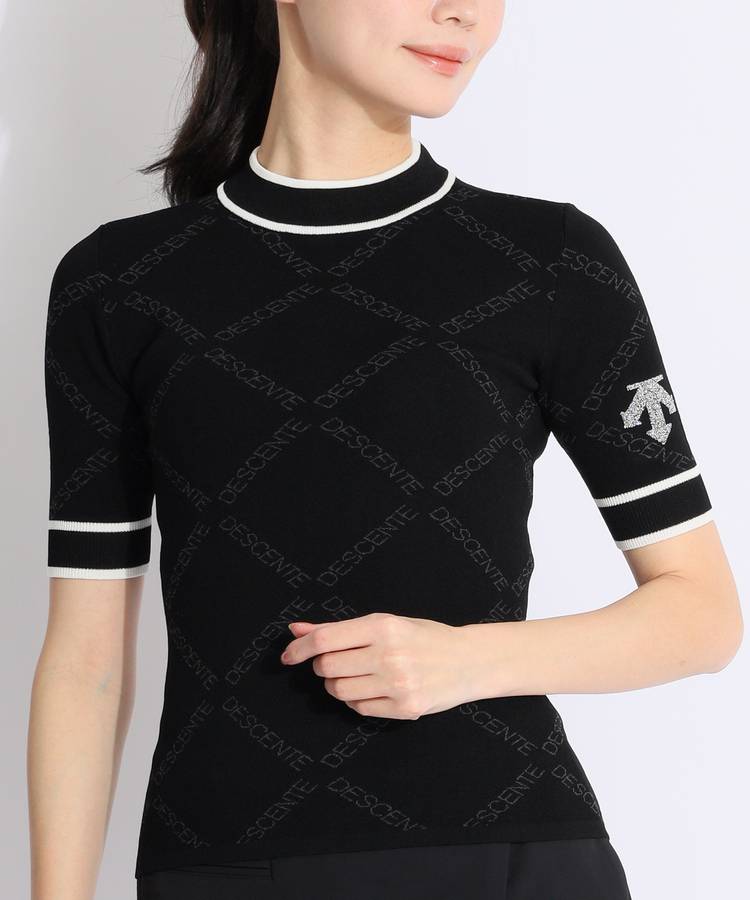 新品　タグ付き　デサントゴルフ 【SWAROVSKI】ジャガードロゴ半袖ニット DE 【SWAROVSKI】ジャガードロゴ半袖ニット