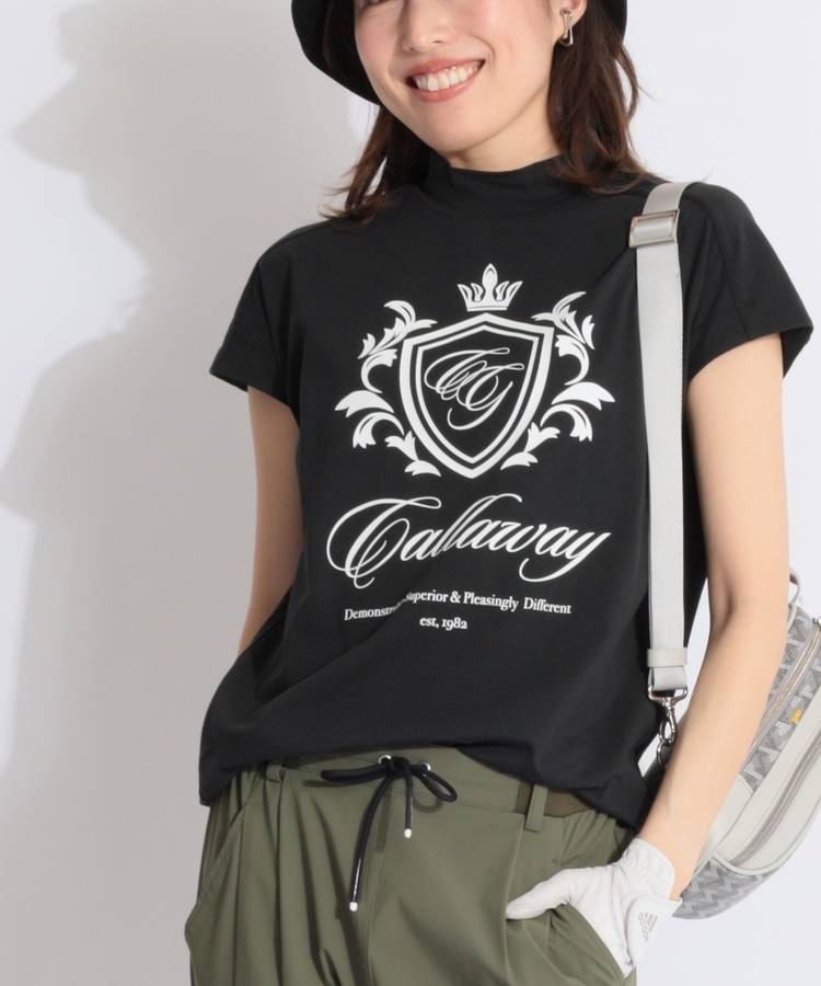 CA 【ストレッチ】エンブレムプリントフレンチスリーブモックネックカットソー