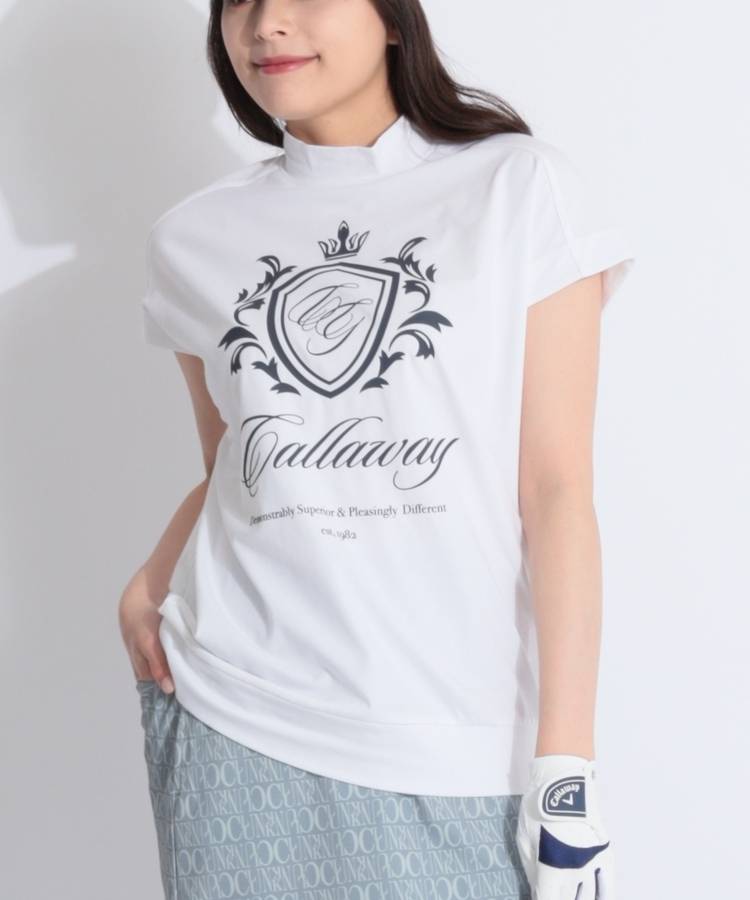 CA 【ストレッチ】エンブレムプリントフレンチスリーブモックネックカットソー
