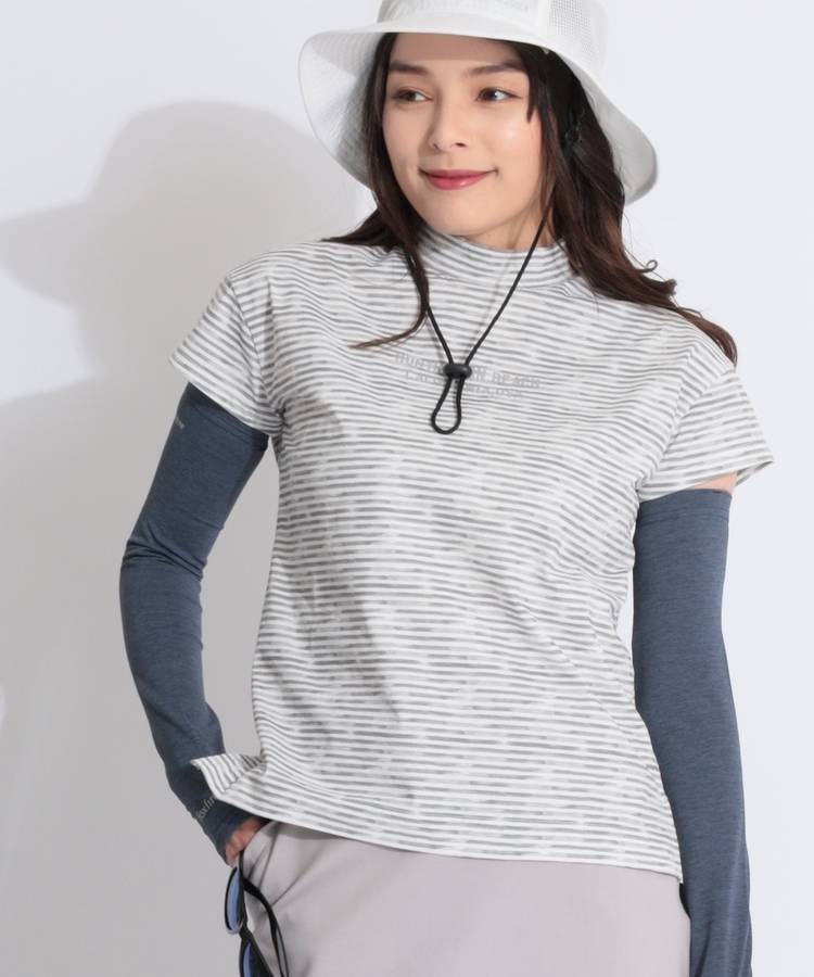 TM 【リサイクル】水彩ボーダー柄モックネック半袖カットソー