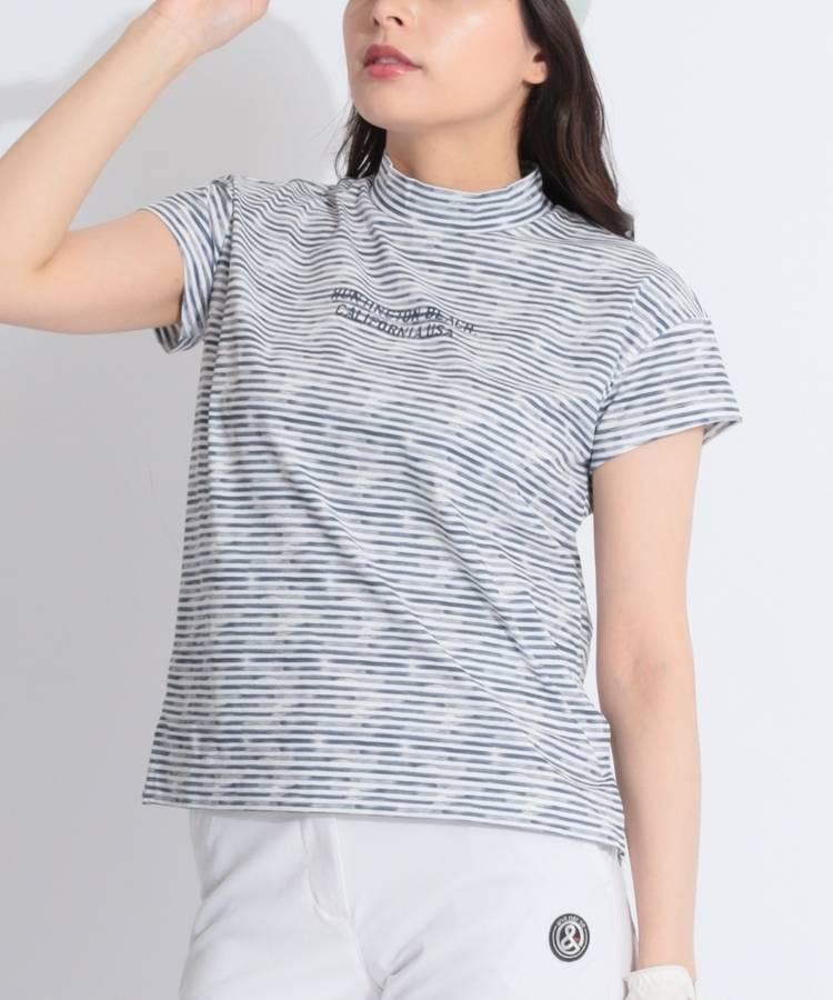 TM 【リサイクル】水彩ボーダー柄モックネック半袖カットソー