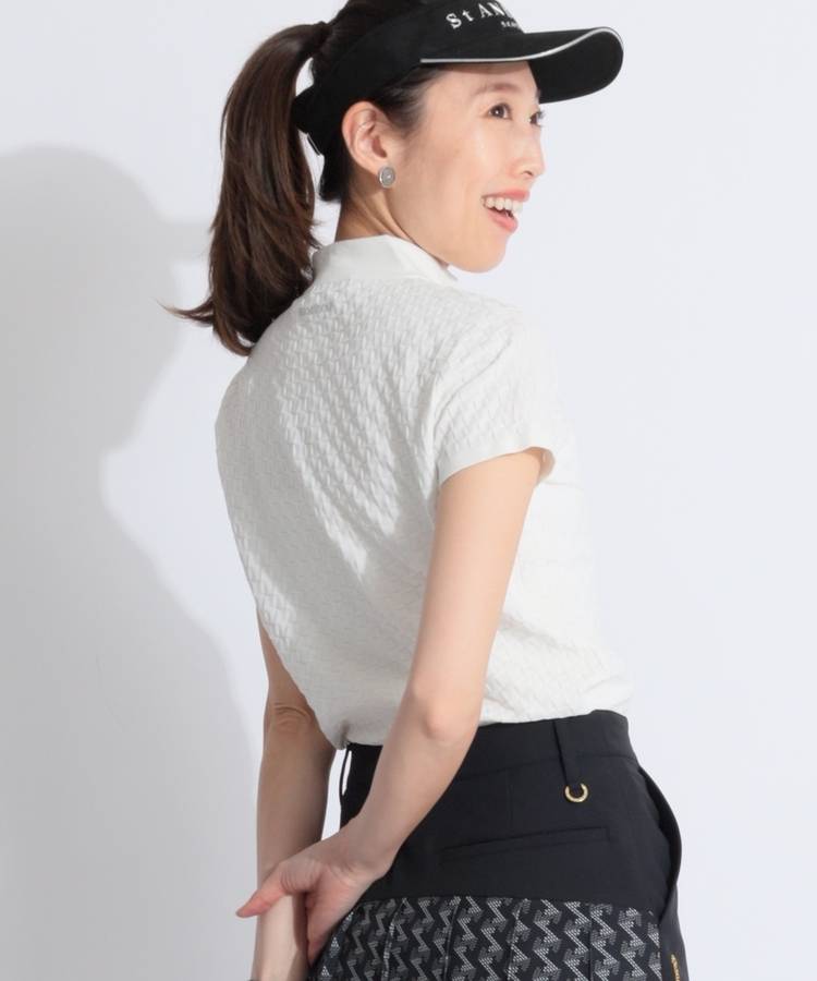 BE ブロックチェック柄モックネック半袖カットソー