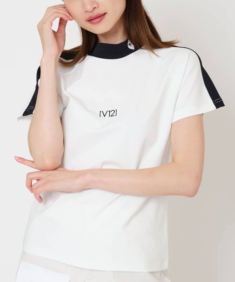 VI 【速乾ストレッチ】バックプリントバイカラーモックネック半袖カットソー
