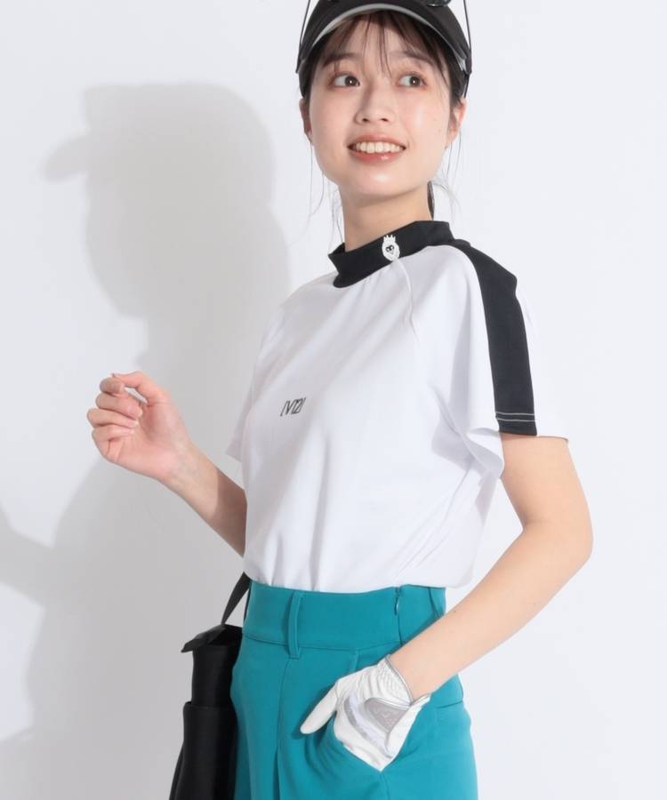 VI 【速乾ストレッチ】バックプリントバイカラーモックネック半袖カットソー