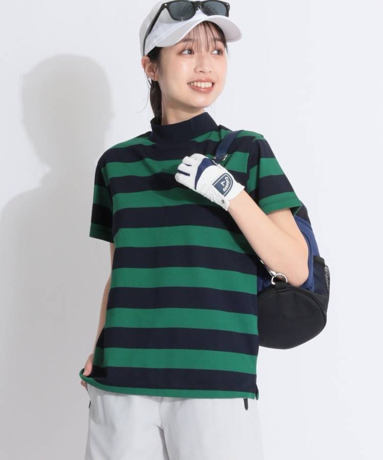 BE 【吸水速乾】太ボーダー柄モックネック半袖カットソー