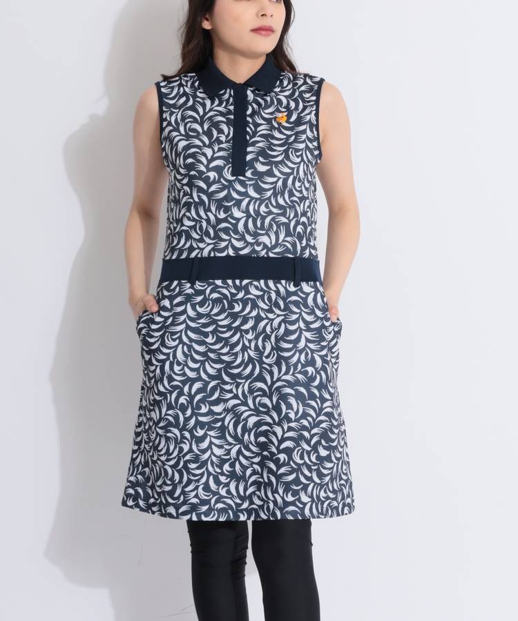LQ 【冷感ストレッチ】総柄メッシュノースリーブワンピース