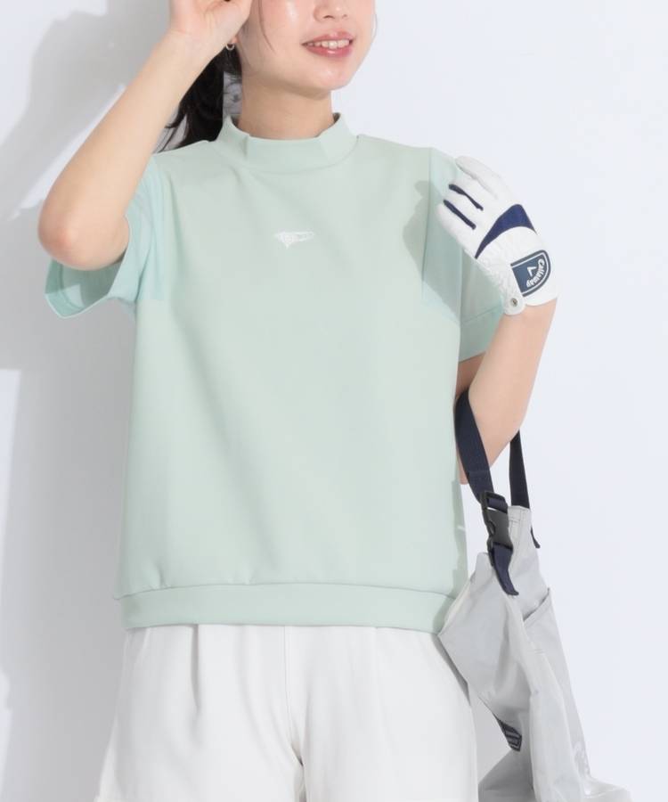 BE 【COOL】シアー袖切替えモックネック半袖カットソー
