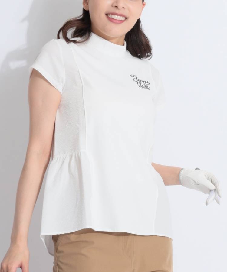 BE 【ストレッチ】異素材切替ギャザーモックネック半袖カットソー