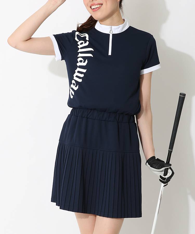 CA 裾プリーツメッシュ半袖ワンピース