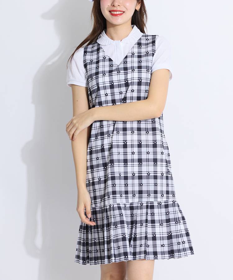 PG 【ストレッチ】デイジーチェック柄プリーツ切替ノースリーブワンピース